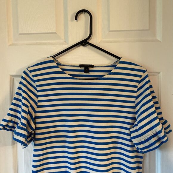 J. Crew Women’s Medium Blouse Top Short Sleeve Ruffled Striped Round Neck - Picture 3 of 10
